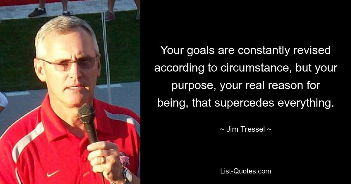 Your goals are constantly revised according to circumstance, but your purpose, your real reason for being, that supercedes everything. — © Jim Tressel