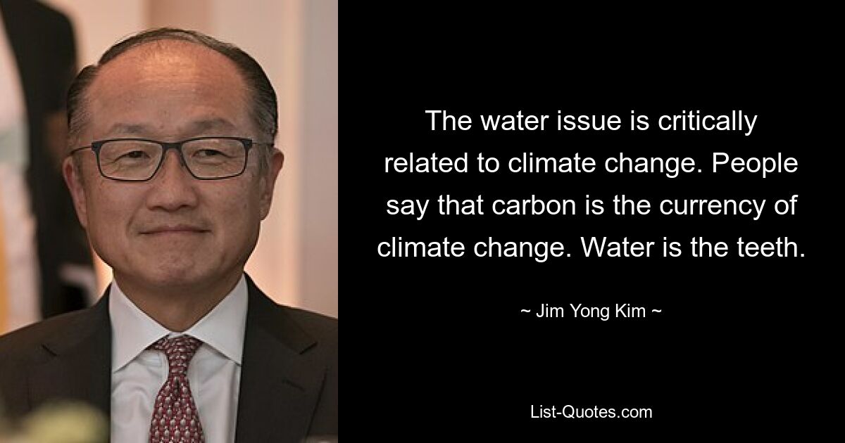 The water issue is critically related to climate change. People say that carbon is the currency of climate change. Water is the teeth. — © Jim Yong Kim