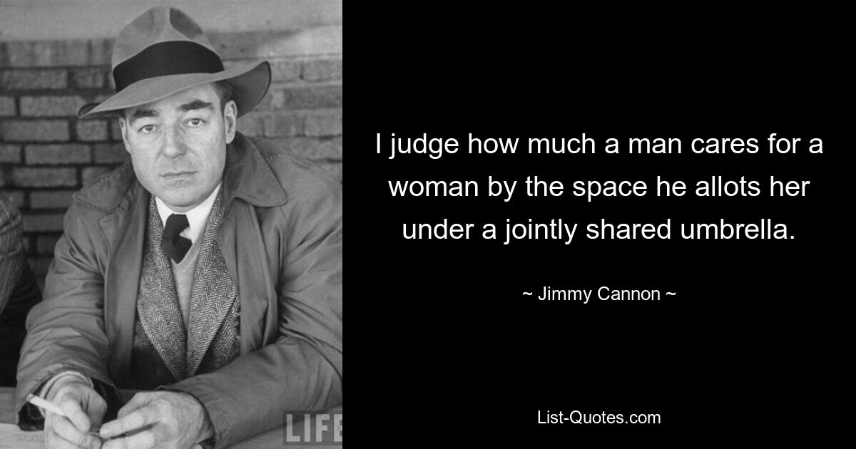 I judge how much a man cares for a woman by the space he allots her under a jointly shared umbrella. — © Jimmy Cannon