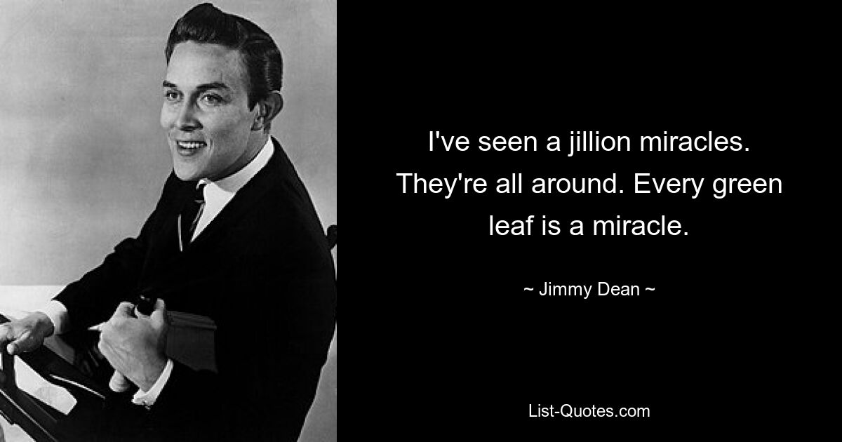 I've seen a jillion miracles. They're all around. Every green leaf is a miracle. — © Jimmy Dean