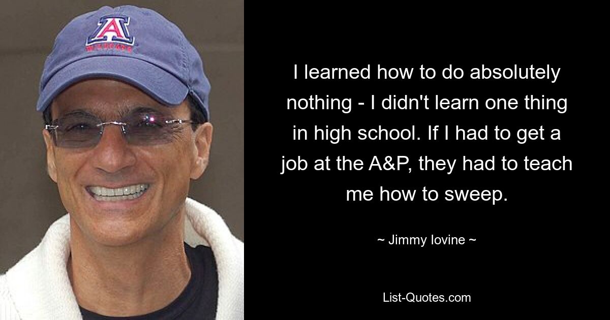 I learned how to do absolutely nothing - I didn't learn one thing in high school. If I had to get a job at the A&P, they had to teach me how to sweep. — © Jimmy Iovine