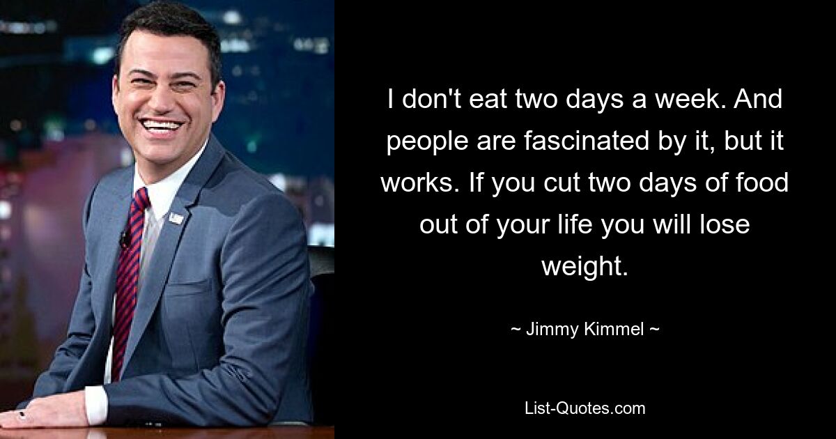 I don't eat two days a week. And people are fascinated by it, but it works. If you cut two days of food out of your life you will lose weight. — © Jimmy Kimmel