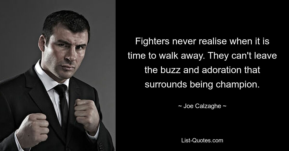 Fighters never realise when it is time to walk away. They can't leave the buzz and adoration that surrounds being champion. — © Joe Calzaghe