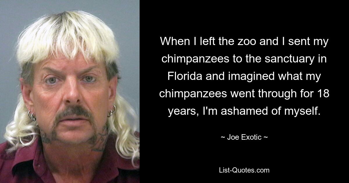 When I left the zoo and I sent my chimpanzees to the sanctuary in Florida and imagined what my chimpanzees went through for 18 years, I'm ashamed of myself. — © Joe Exotic