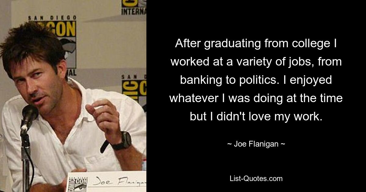 After graduating from college I worked at a variety of jobs, from banking to politics. I enjoyed whatever I was doing at the time but I didn't love my work. — © Joe Flanigan