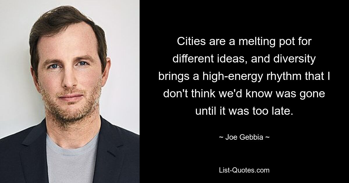 Cities are a melting pot for different ideas, and diversity brings a high-energy rhythm that I don't think we'd know was gone until it was too late. — © Joe Gebbia