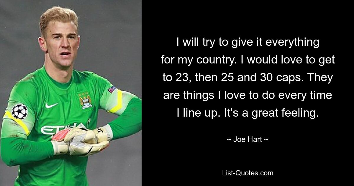 I will try to give it everything for my country. I would love to get to 23, then 25 and 30 caps. They are things I love to do every time I line up. It's a great feeling. — © Joe Hart