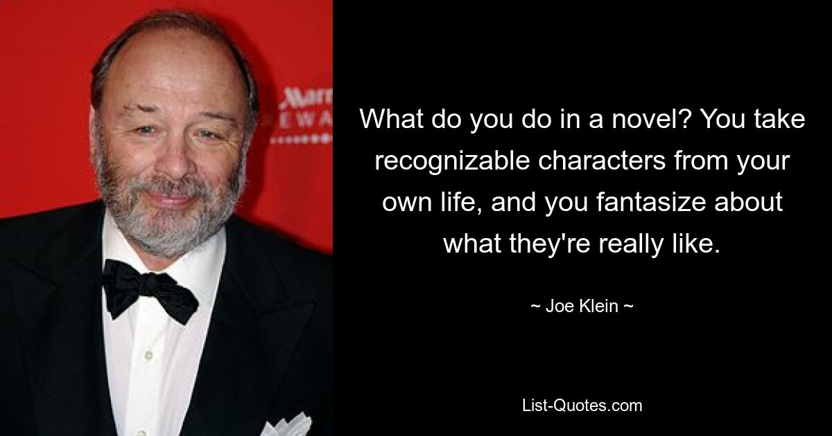 What do you do in a novel? You take recognizable characters from your own life, and you fantasize about what they're really like. — © Joe Klein