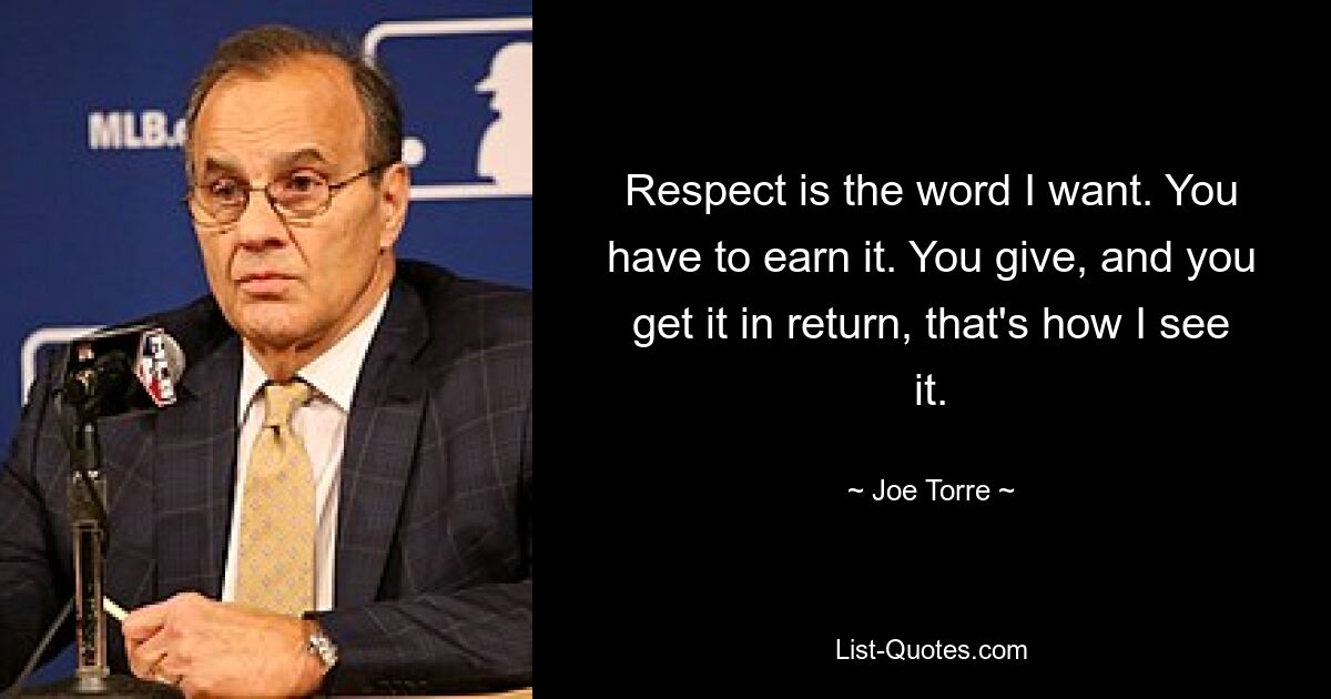 Respect is the word I want. You have to earn it. You give, and you get it in return, that's how I see it. — © Joe Torre