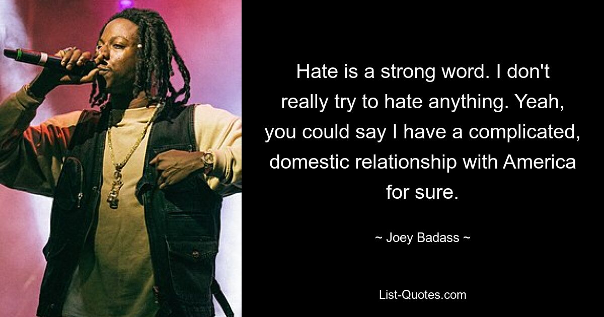 Hate is a strong word. I don't really try to hate anything. Yeah, you could say I have a complicated, domestic relationship with America for sure. — © Joey Badass