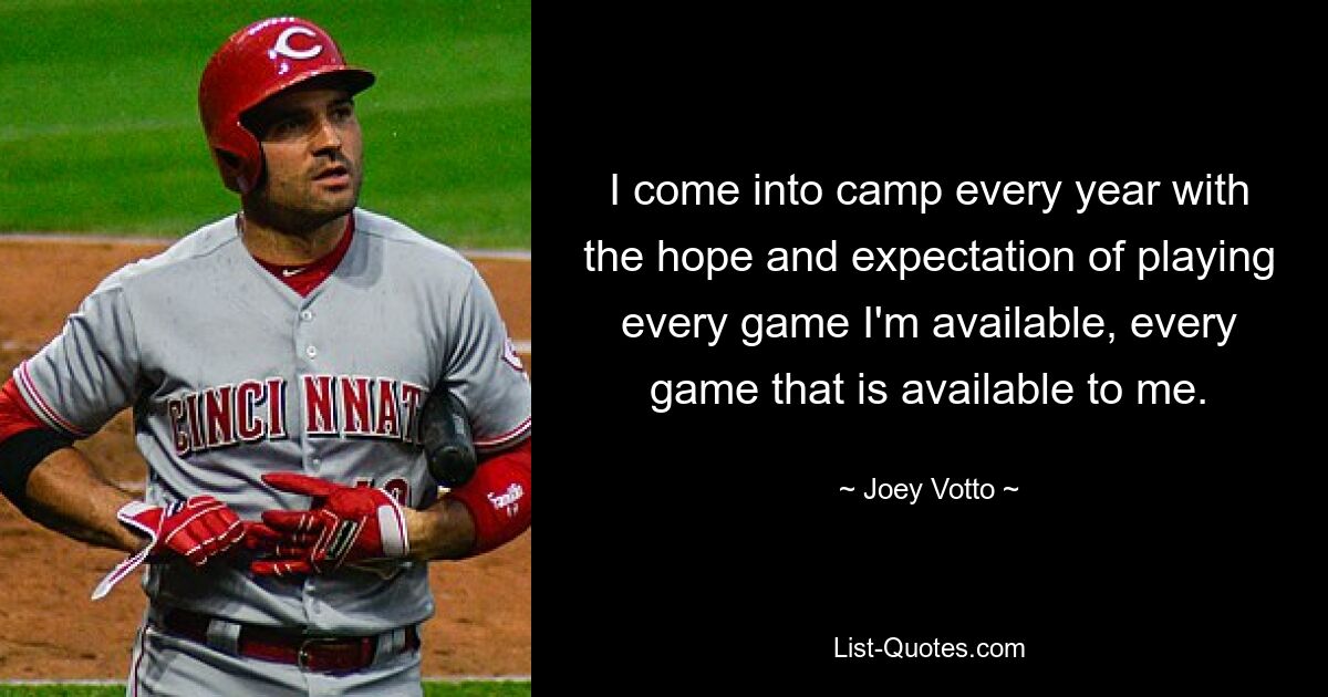 I come into camp every year with the hope and expectation of playing every game I'm available, every game that is available to me. — © Joey Votto