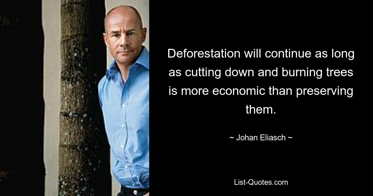 Deforestation will continue as long as cutting down and burning trees is more economic than preserving them. — © Johan Eliasch