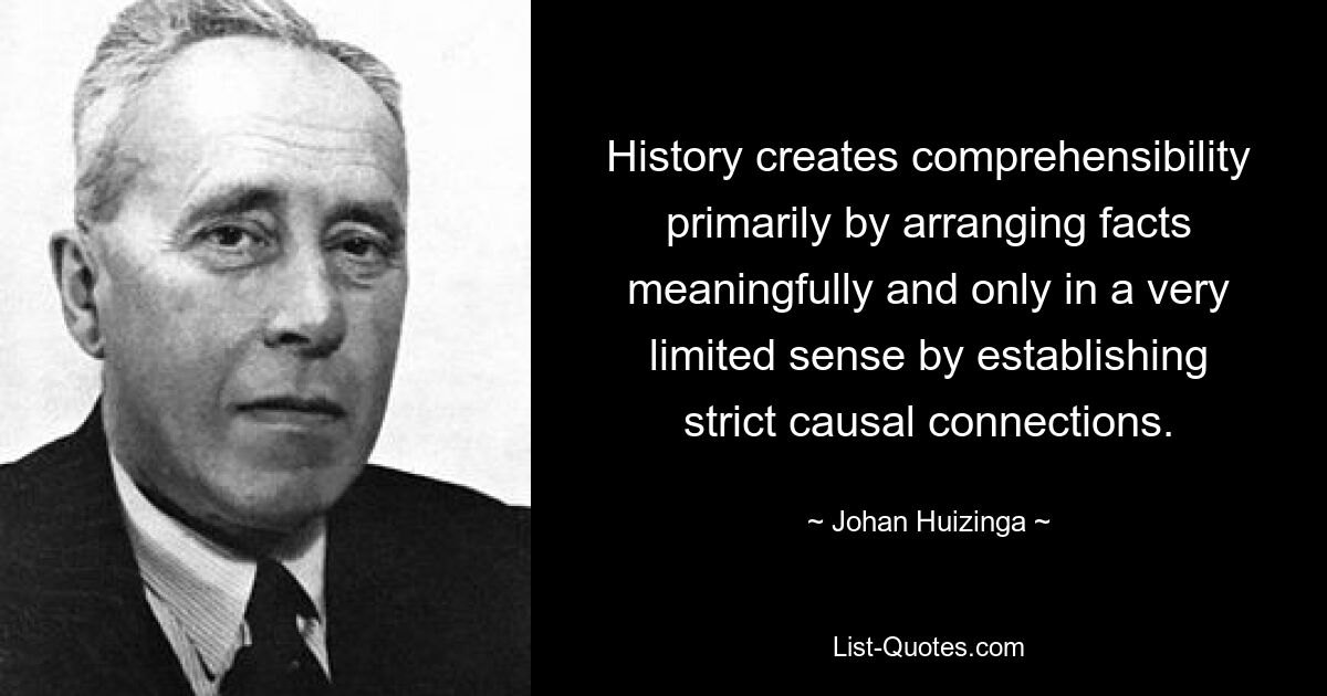 History creates comprehensibility primarily by arranging facts meaningfully and only in a very limited sense by establishing strict causal connections. — © Johan Huizinga