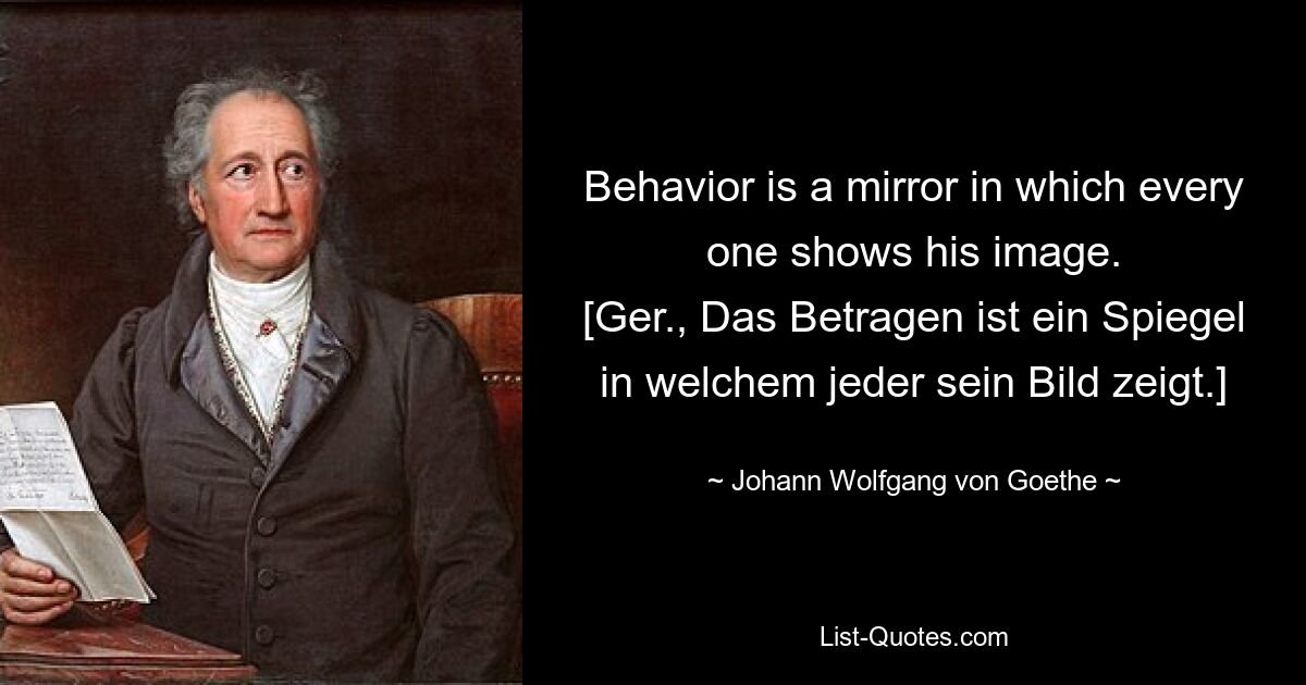 Behavior is a mirror in which every one shows his image.
[Ger., Das Betragen ist ein Spiegel in welchem jeder sein Bild zeigt.] — © Johann Wolfgang von Goethe