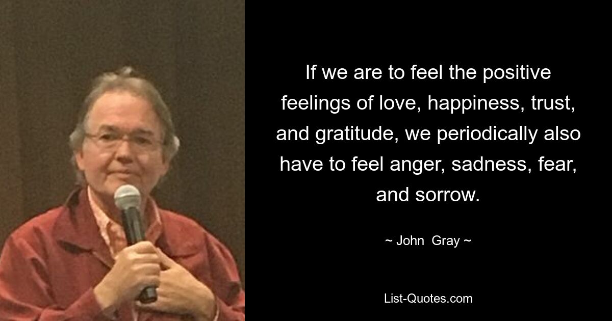 If we are to feel the positive feelings of love, happiness, trust, and gratitude, we periodically also have to feel anger, sadness, fear, and sorrow. — © John  Gray