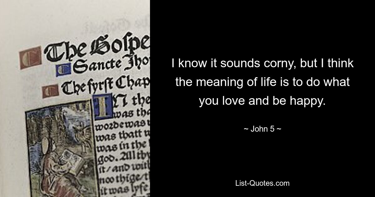 I know it sounds corny, but I think the meaning of life is to do what you love and be happy. — © John 5