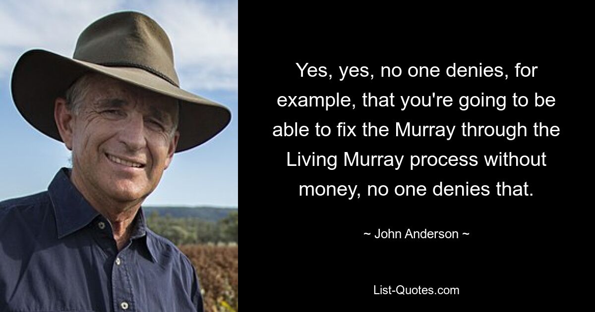 Yes, yes, no one denies, for example, that you're going to be able to fix the Murray through the Living Murray process without money, no one denies that. — © John Anderson