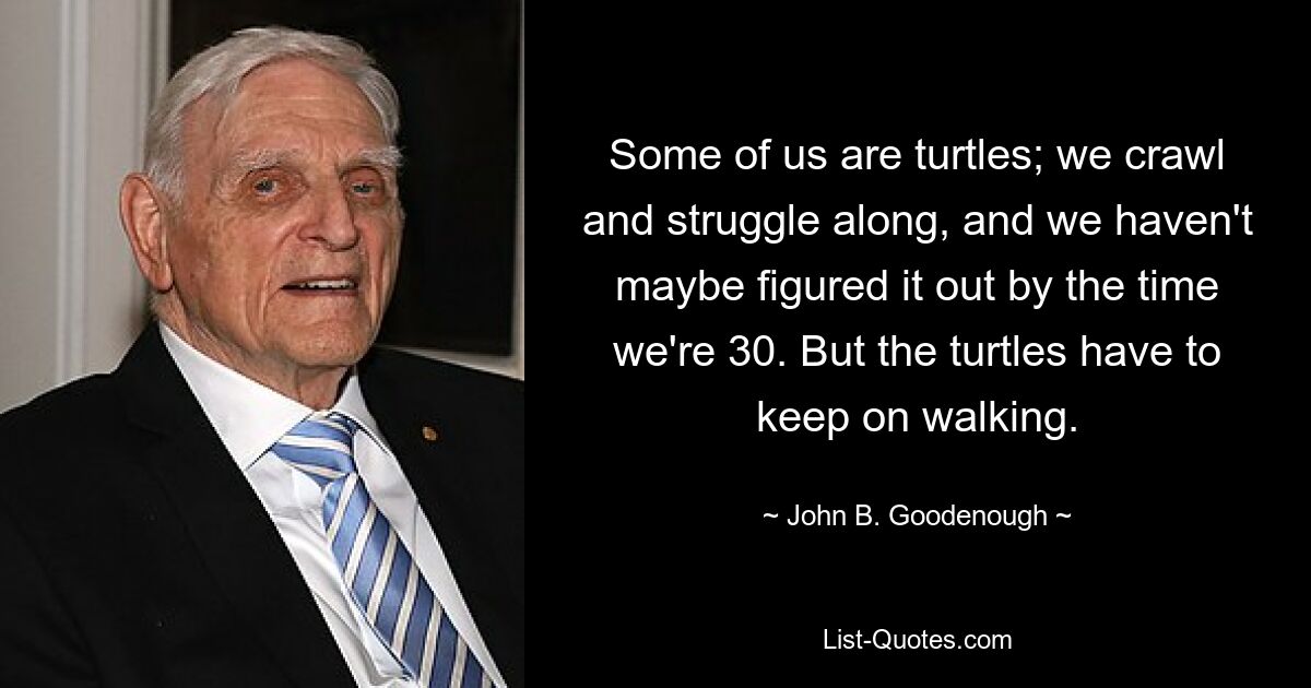 Some of us are turtles; we crawl and struggle along, and we haven't maybe figured it out by the time we're 30. But the turtles have to keep on walking. — © John B. Goodenough