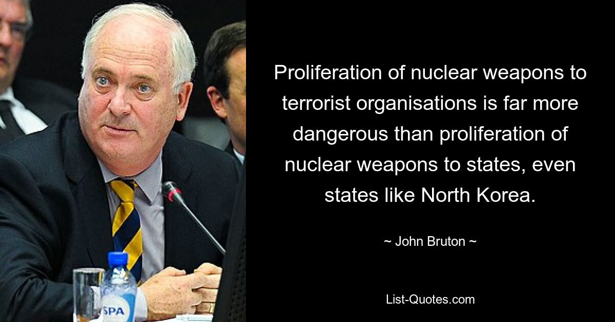 Proliferation of nuclear weapons to terrorist organisations is far more dangerous than proliferation of nuclear weapons to states, even states like North Korea. — © John Bruton