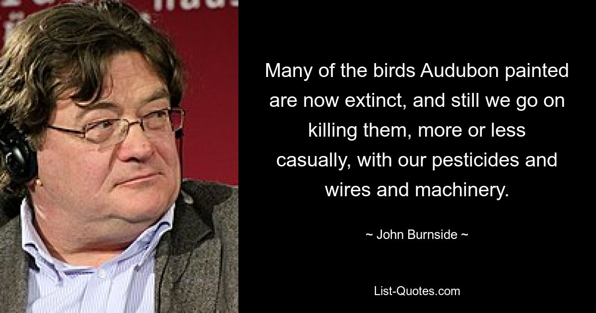 Many of the birds Audubon painted are now extinct, and still we go on killing them, more or less casually, with our pesticides and wires and machinery. — © John Burnside