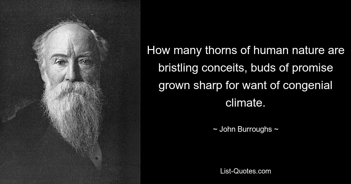 How many thorns of human nature are bristling conceits, buds of promise grown sharp for want of congenial climate. — © John Burroughs