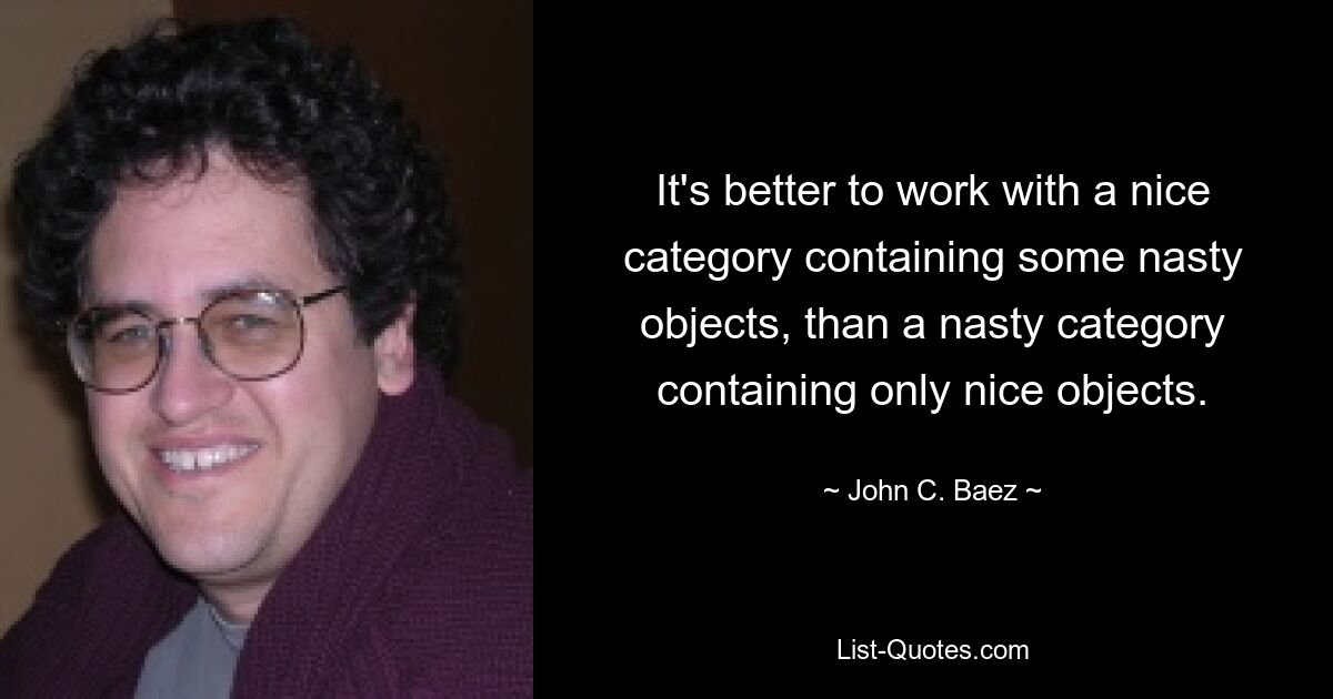 It's better to work with a nice category containing some nasty objects, than a nasty category containing only nice objects. — © John C. Baez