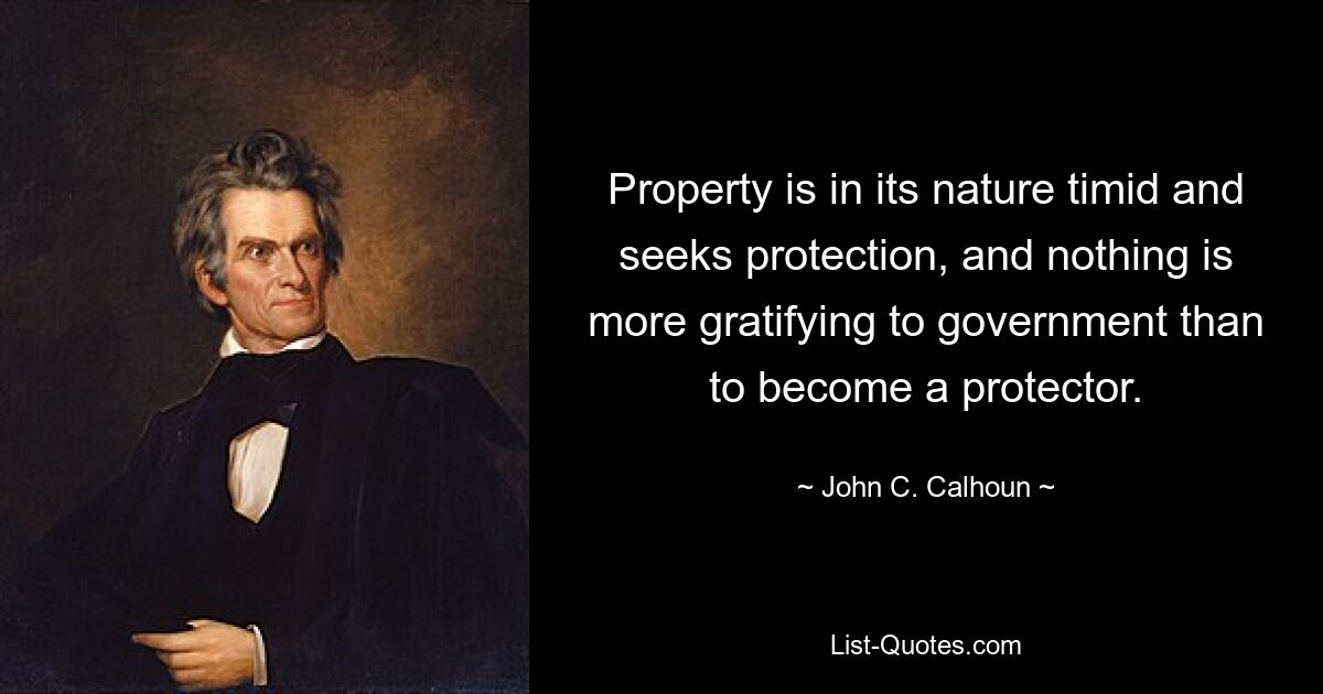 Property is in its nature timid and seeks protection, and nothing is more gratifying to government than to become a protector. — © John C. Calhoun