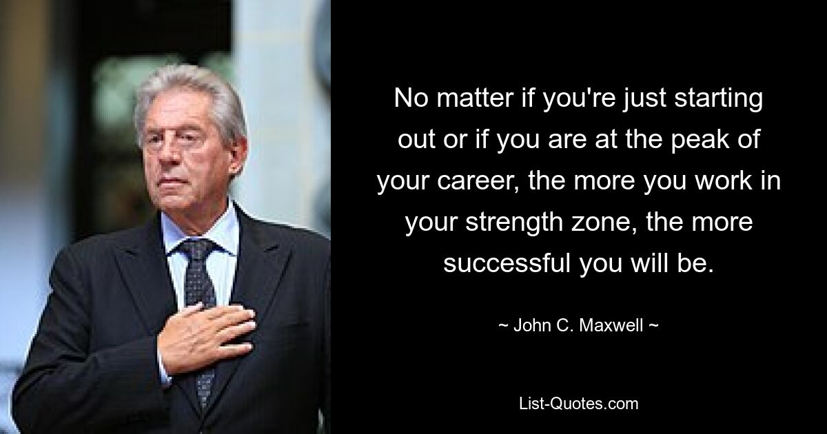 No matter if you're just starting out or if you are at the peak of your career, the more you work in your strength zone, the more successful you will be. — © John C. Maxwell