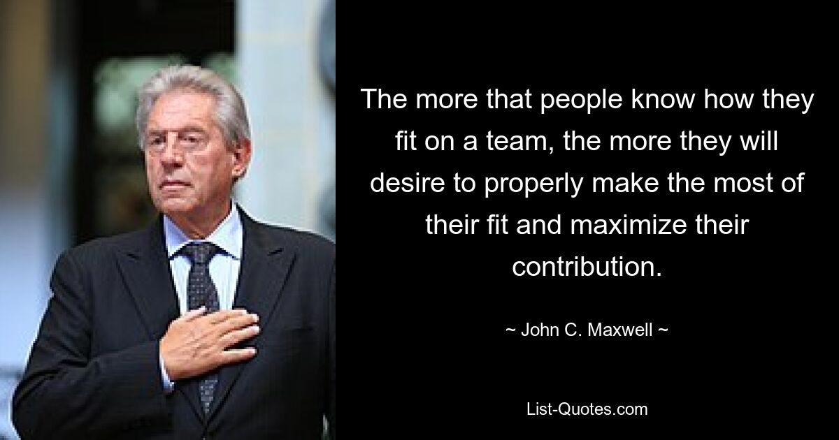 The more that people know how they fit on a team, the more they will desire to properly make the most of their fit and maximize their contribution. — © John C. Maxwell