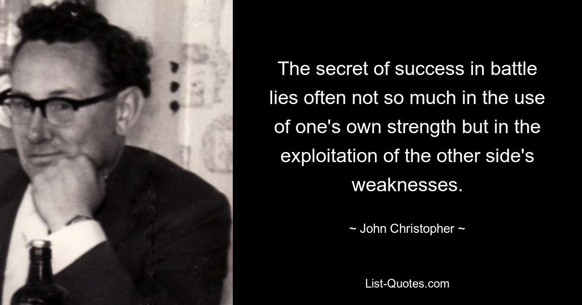 The secret of success in battle lies often not so much in the use of one's own strength but in the exploitation of the other side's weaknesses. — © John Christopher