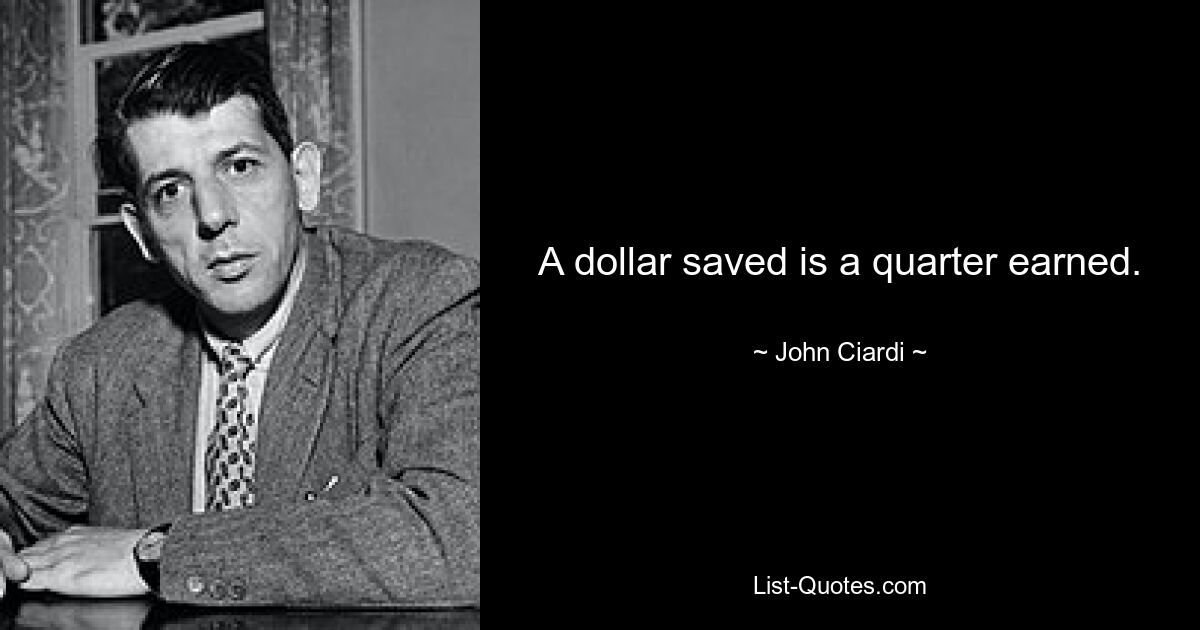 A dollar saved is a quarter earned. — © John Ciardi