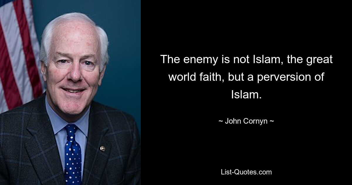 The enemy is not Islam, the great world faith, but a perversion of Islam. — © John Cornyn