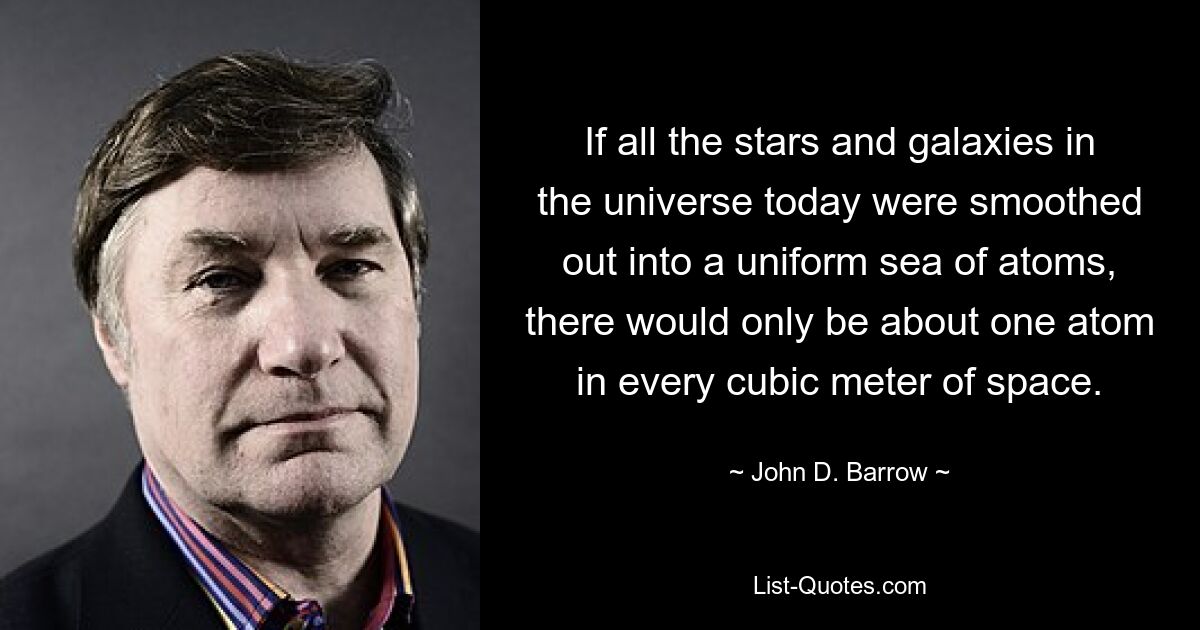 If all the stars and galaxies in the universe today were smoothed out into a uniform sea of atoms, there would only be about one atom in every cubic meter of space. — © John D. Barrow