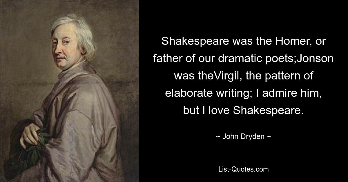 Shakespeare was the Homer, or father of our dramatic poets;Jonson was theVirgil, the pattern of elaborate writing; I admire him, but I love Shakespeare. — © John Dryden