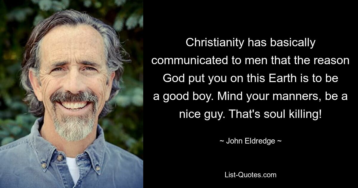 Christianity has basically communicated to men that the reason God put you on this Earth is to be a good boy. Mind your manners, be a nice guy. That's soul killing! — © John Eldredge