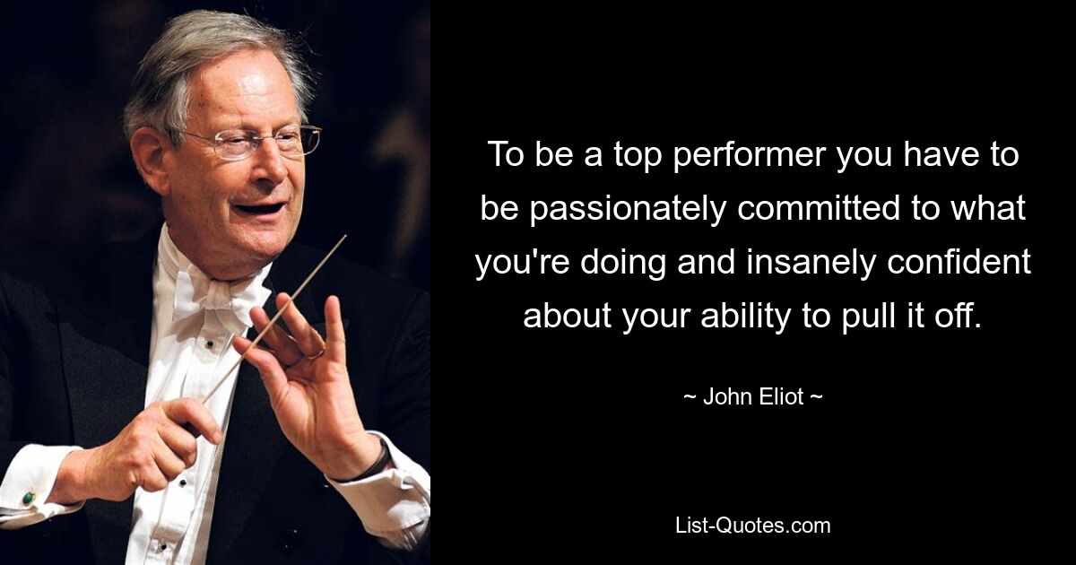 To be a top performer you have to be passionately committed to what you're doing and insanely confident about your ability to pull it off. — © John Eliot