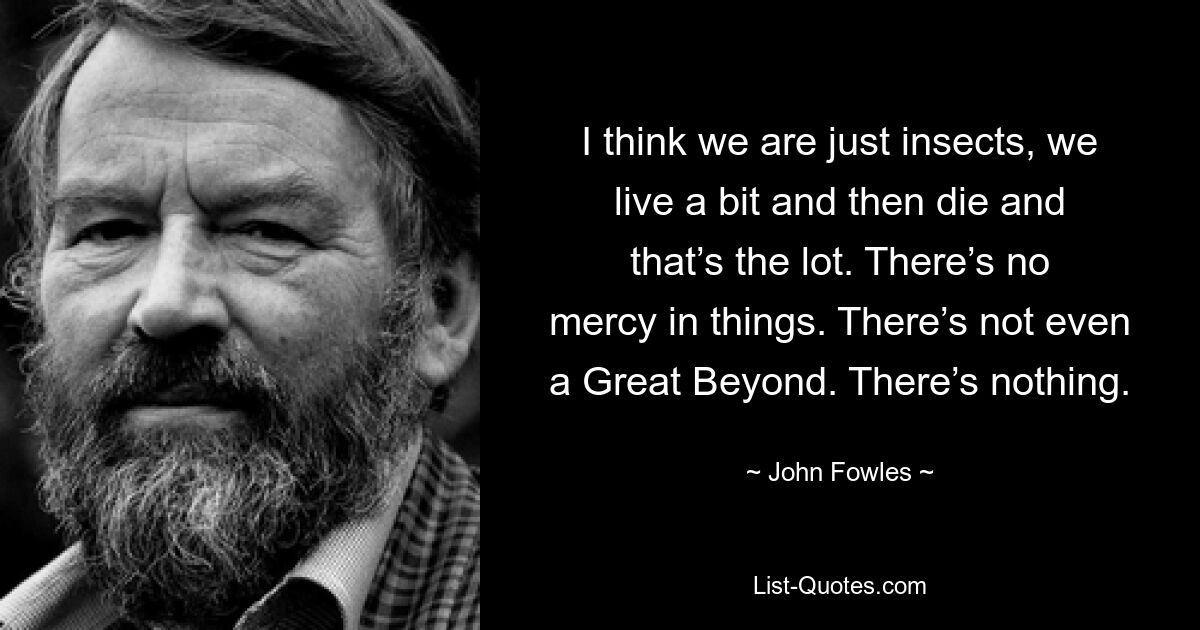 I think we are just insects, we live a bit and then die and that’s the lot. There’s no mercy in things. There’s not even a Great Beyond. There’s nothing. — © John Fowles