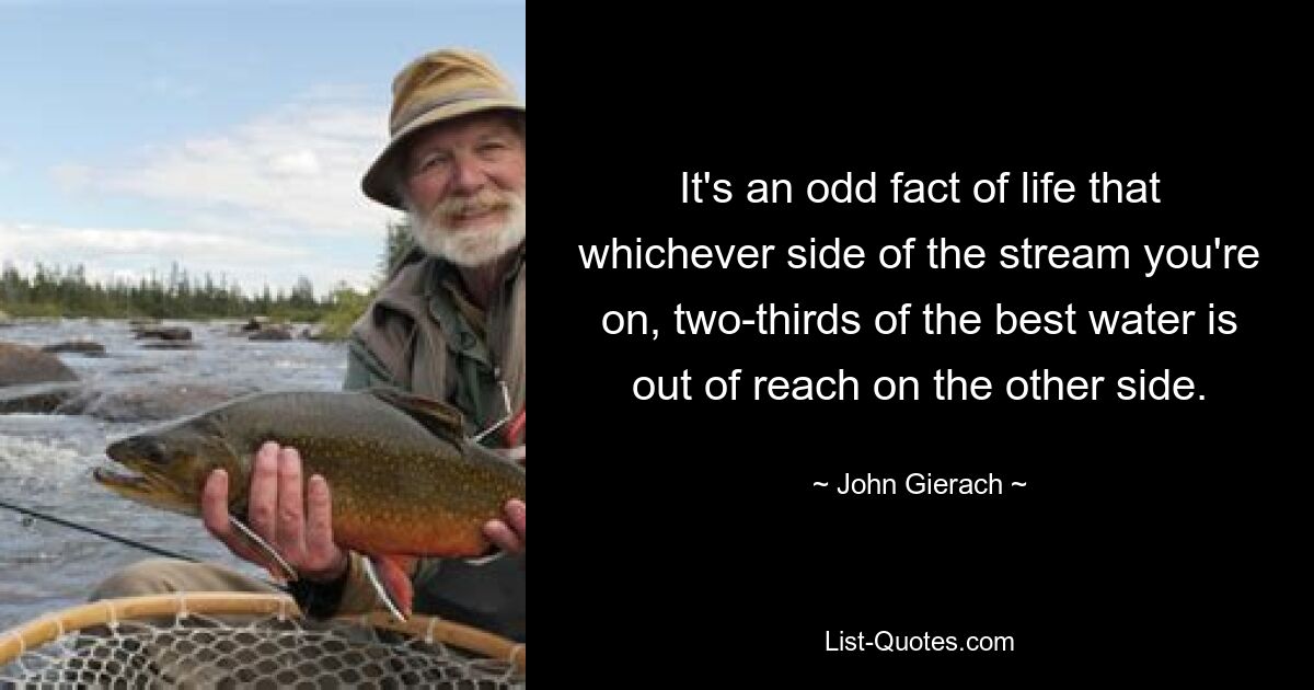 It's an odd fact of life that whichever side of the stream you're on, two-thirds of the best water is out of reach on the other side. — © John Gierach