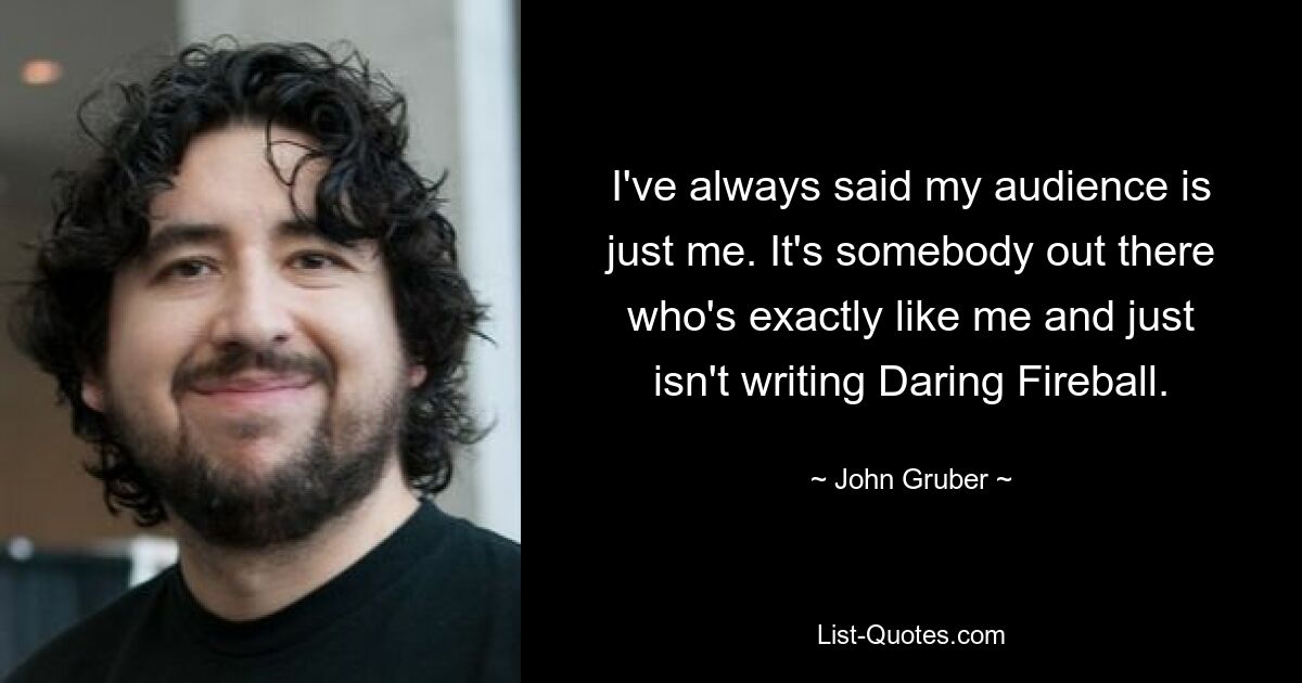 I've always said my audience is just me. It's somebody out there who's exactly like me and just isn't writing Daring Fireball. — © John Gruber