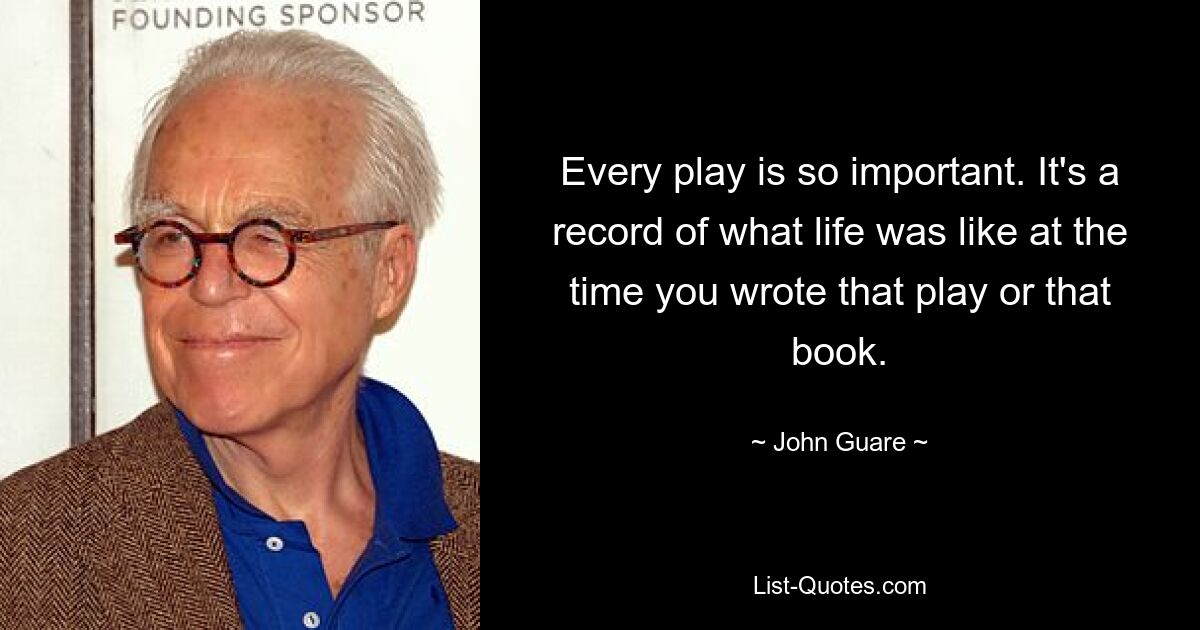 Every play is so important. It's a record of what life was like at the time you wrote that play or that book. — © John Guare