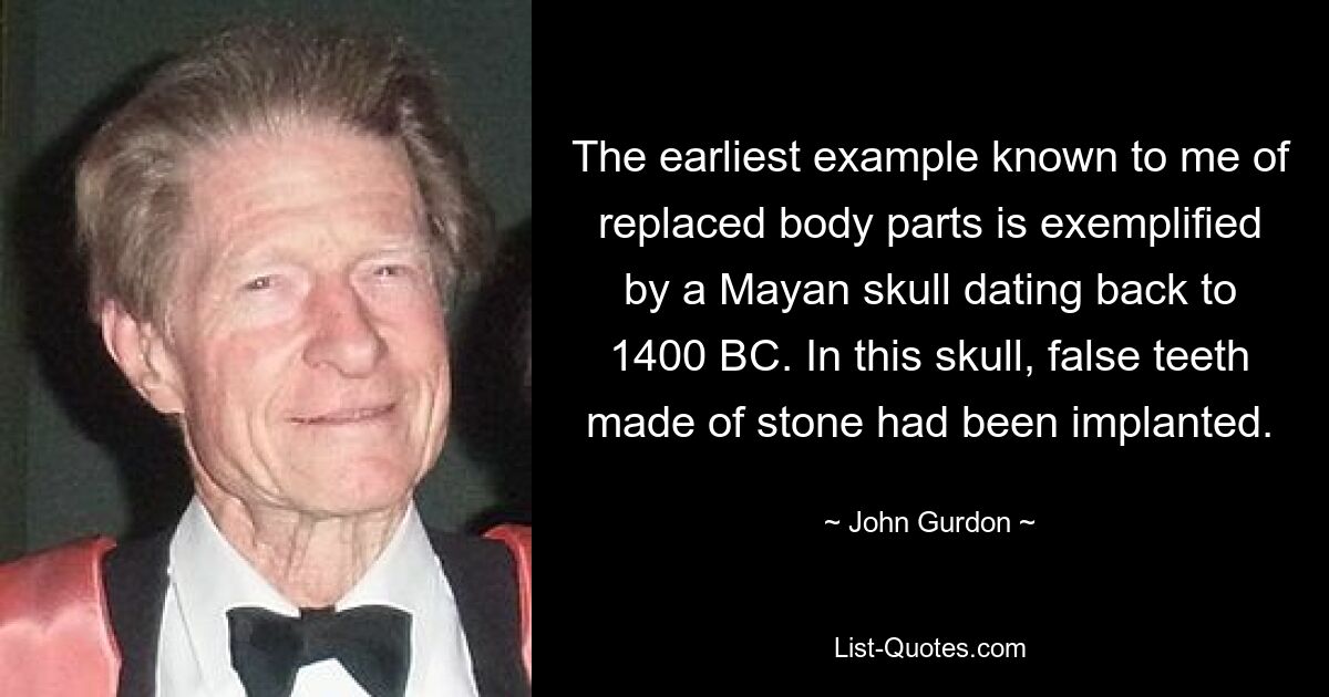 The earliest example known to me of replaced body parts is exemplified by a Mayan skull dating back to 1400 BC. In this skull, false teeth made of stone had been implanted. — © John Gurdon
