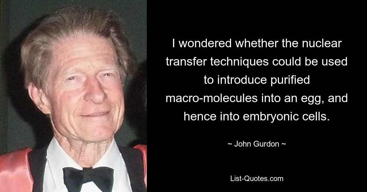 I wondered whether the nuclear transfer techniques could be used to introduce purified macro-molecules into an egg, and hence into embryonic cells. — © John Gurdon