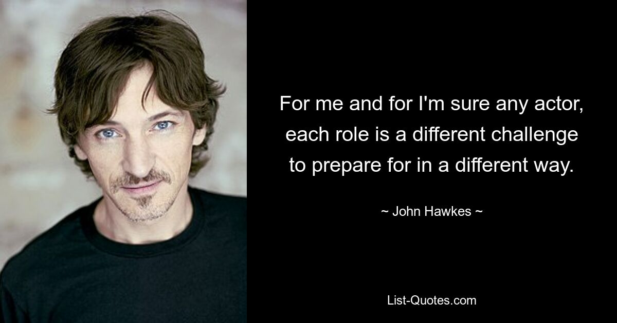 For me and for I'm sure any actor, each role is a different challenge to prepare for in a different way. — © John Hawkes