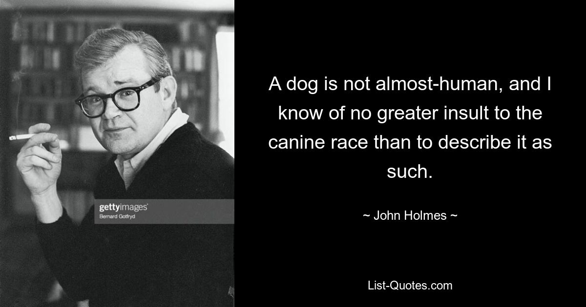 A dog is not almost-human, and I know of no greater insult to the canine race than to describe it as such. — © John Holmes