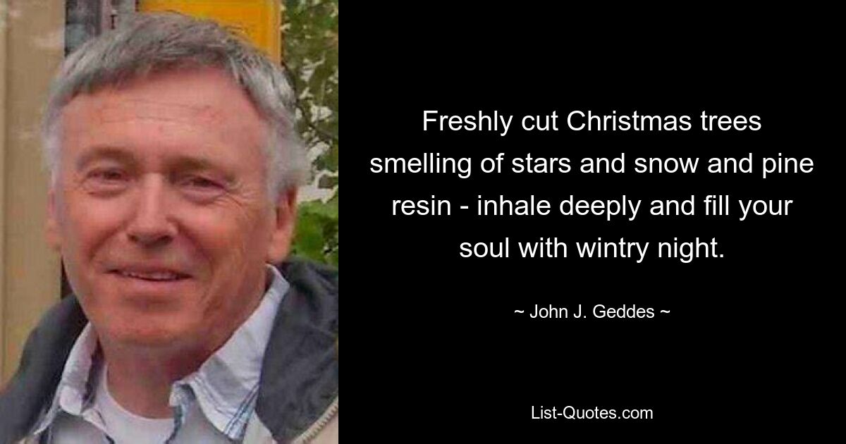 Freshly cut Christmas trees smelling of stars and snow and pine resin - inhale deeply and fill your soul with wintry night. — © John J. Geddes