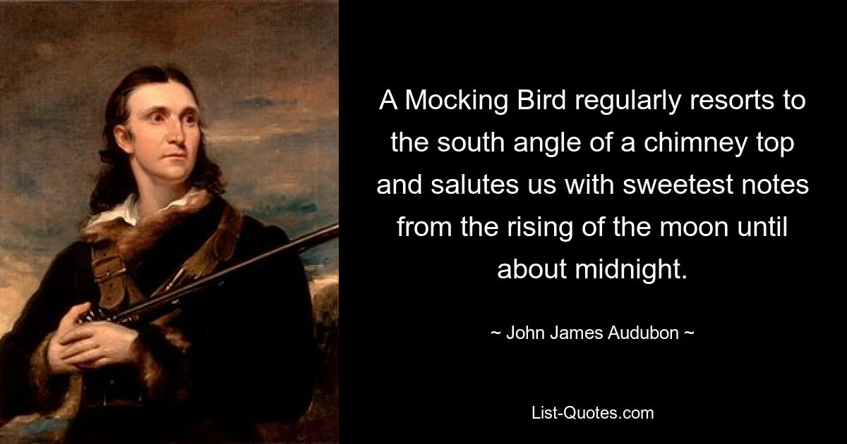 A Mocking Bird regularly resorts to the south angle of a chimney top and salutes us with sweetest notes from the rising of the moon until about midnight. — © John James Audubon