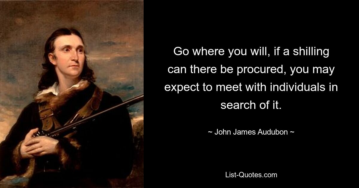 Go where you will, if a shilling can there be procured, you may expect to meet with individuals in search of it. — © John James Audubon