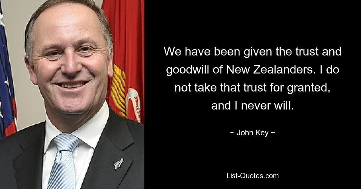 We have been given the trust and goodwill of New Zealanders. I do not take that trust for granted, and I never will. — © John Key