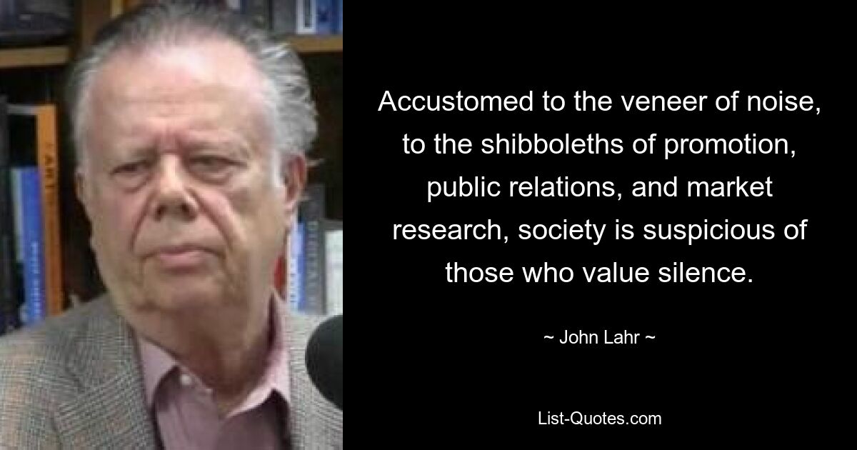 Accustomed to the veneer of noise, to the shibboleths of promotion, public relations, and market research, society is suspicious of those who value silence. — © John Lahr