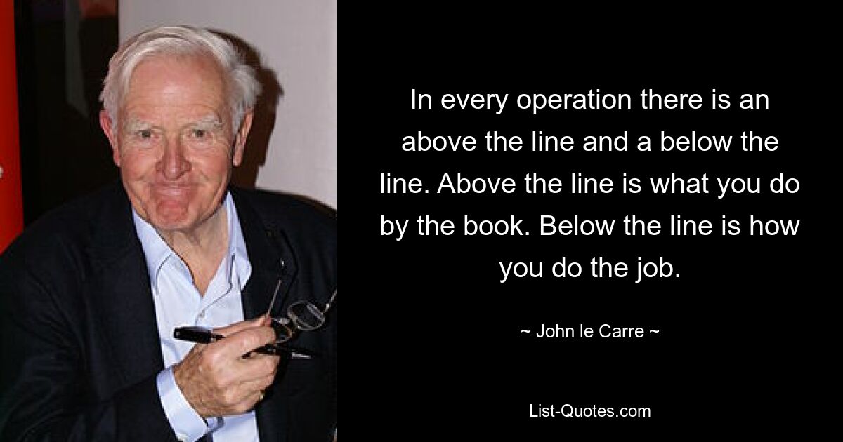 In every operation there is an above the line and a below the line. Above the line is what you do by the book. Below the line is how you do the job. — © John le Carre